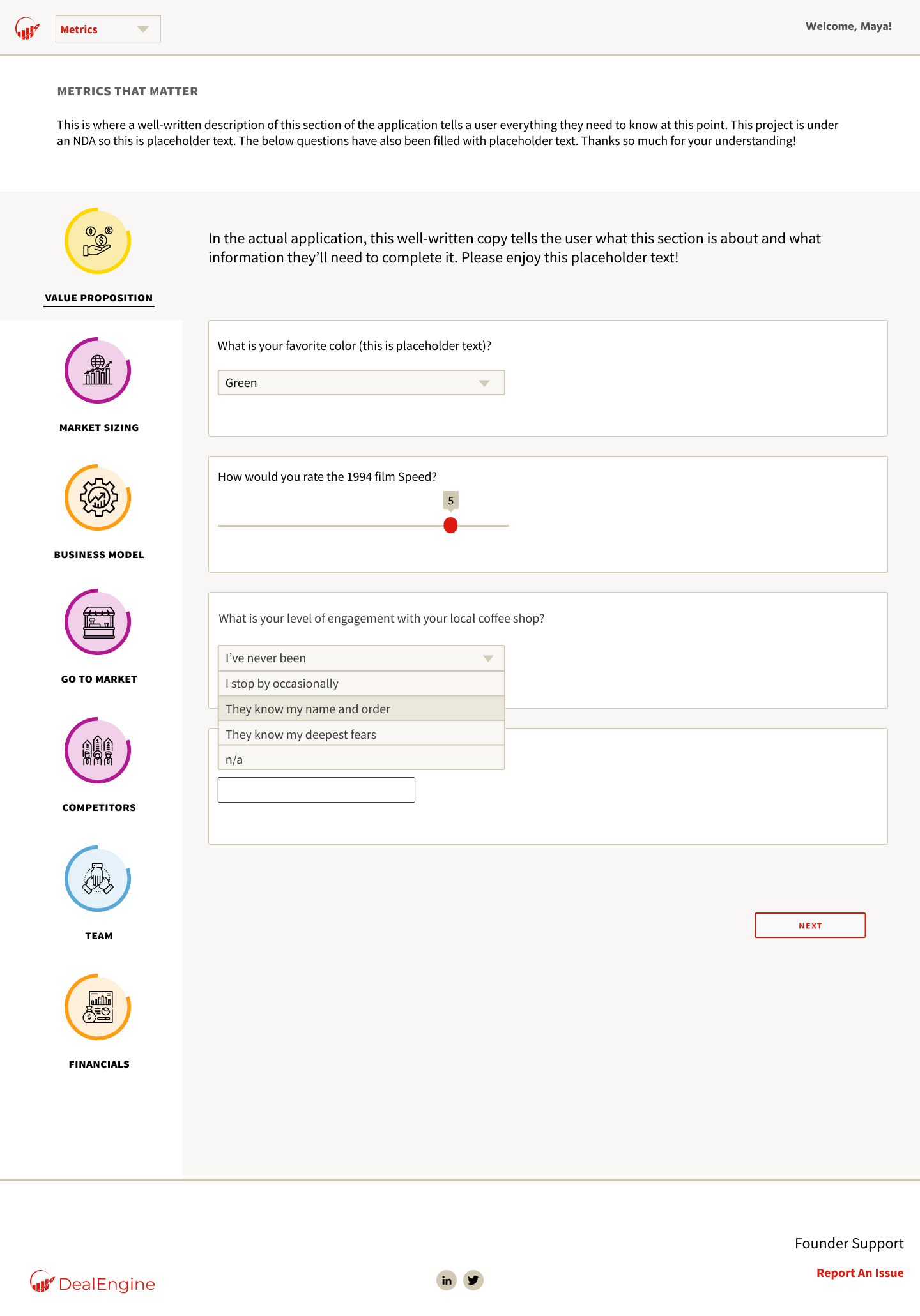 Mockup of survey interface showing circular icons with radial progess bars for each section on the left and questions on the right.