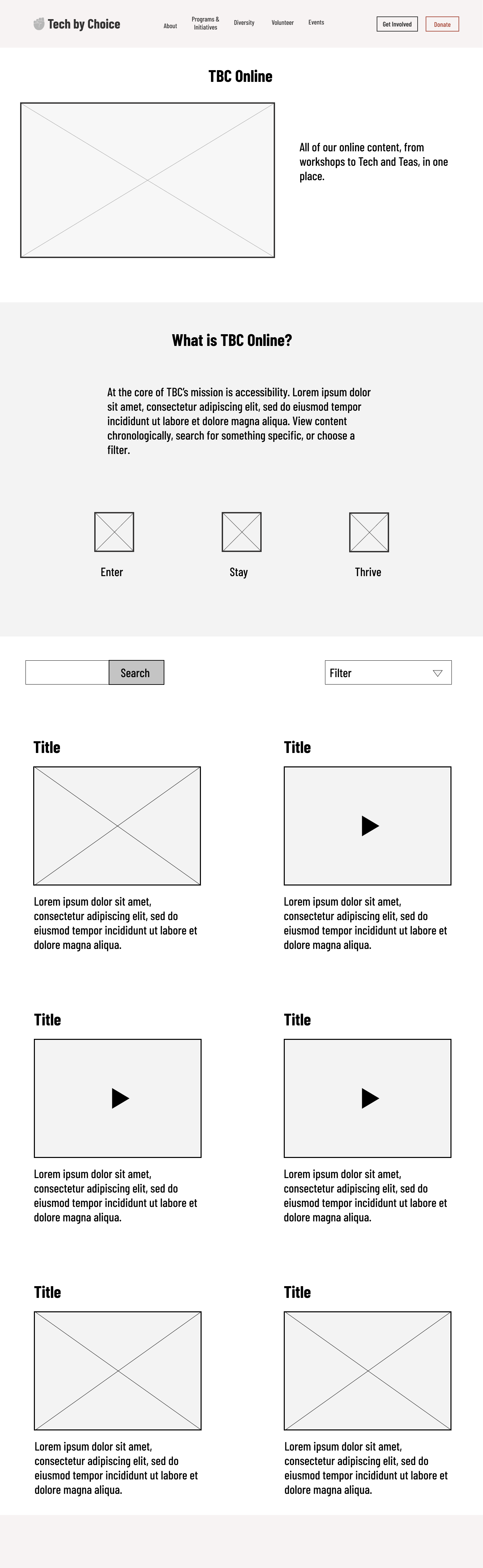 Gray and white wireframe for TBC online page.
